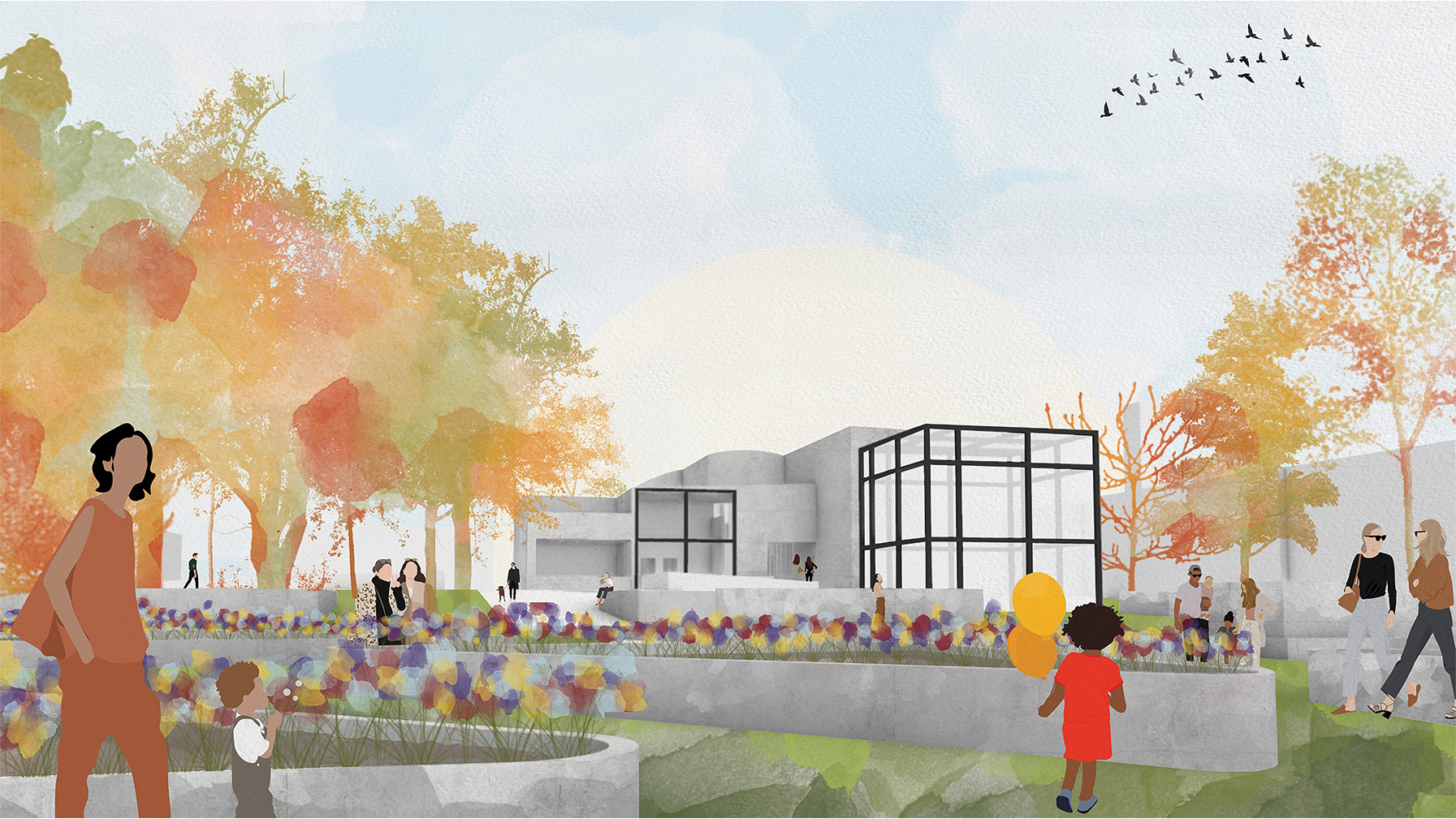 Toowoomba Art Gallery Render Exterior of gallery, flowers and people walking